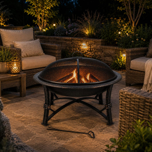 29 Inch - Round Hammered Fire Pit In Black