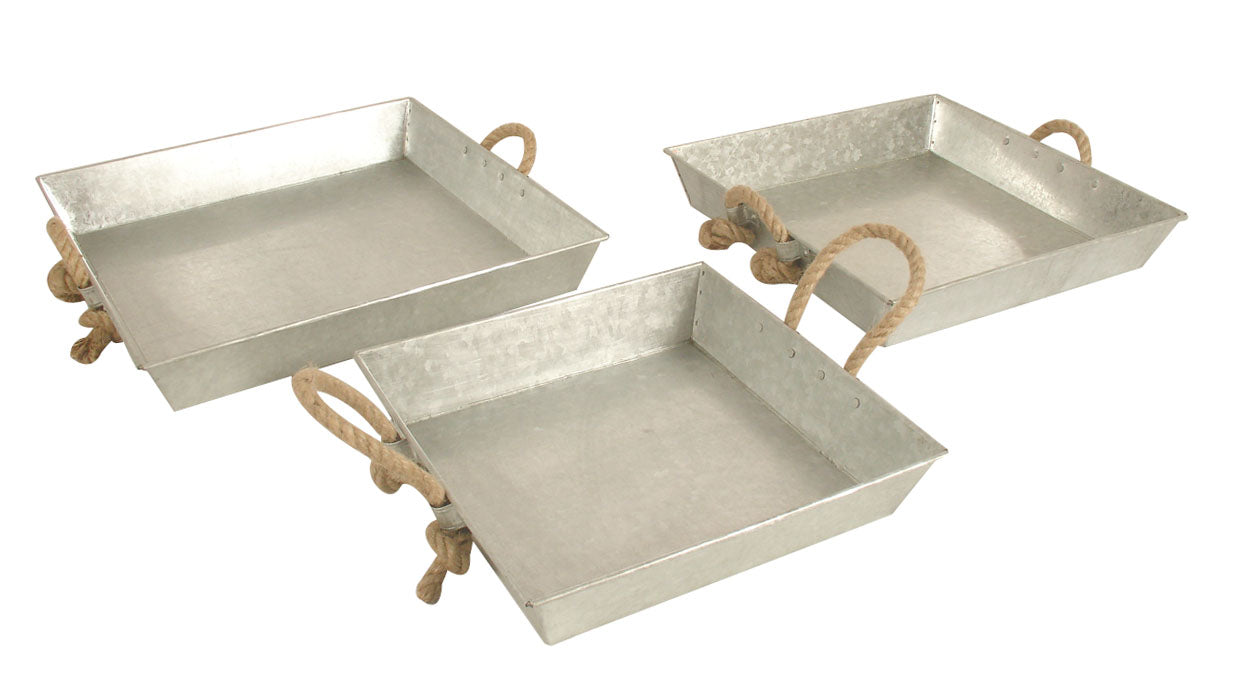 Galvanized Tray Set With Rope Handles - 3 Piece