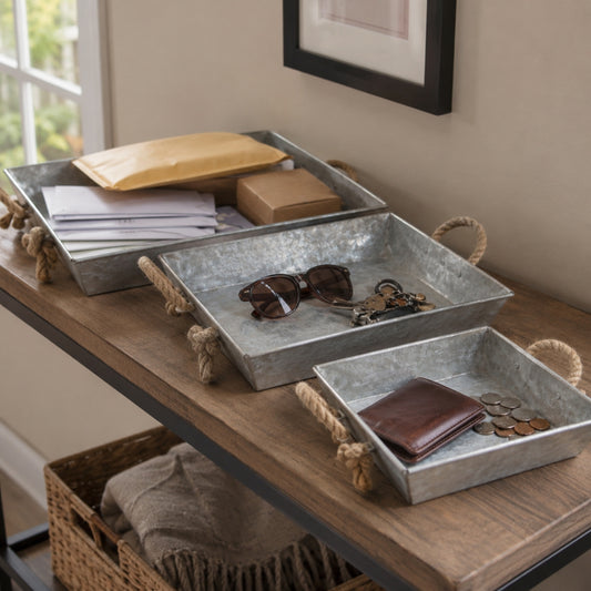 Galvanized Tray Set With Rope Handles - 3 Piece