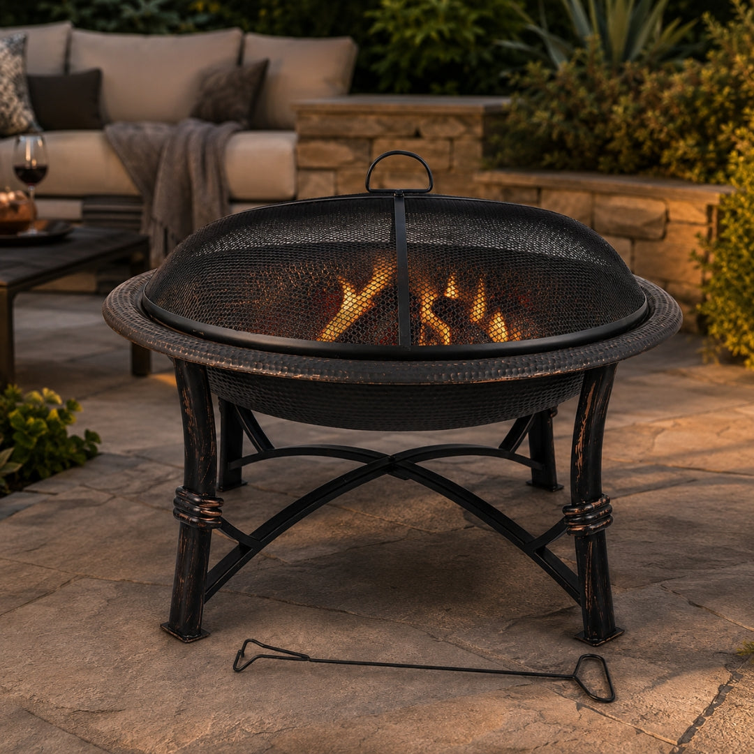 29 Inch - Round Hammered Fire Pit In Black