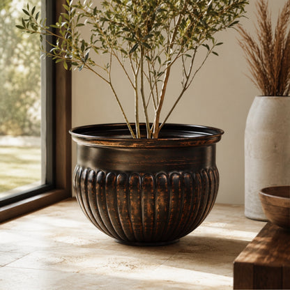 15 Inch - Bronze Ribbed Metal Bowl Planter
