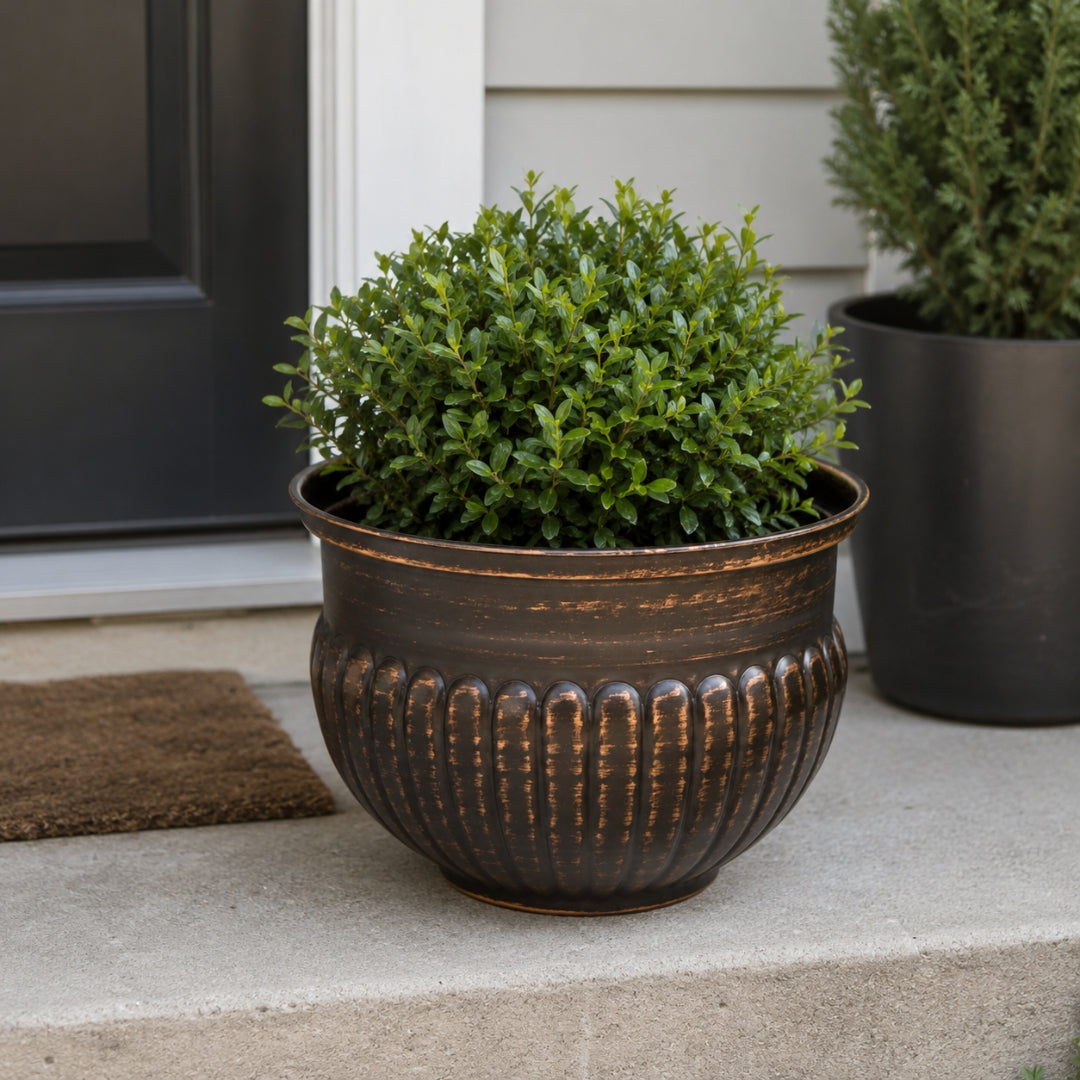15 Inch - Bronze Ribbed Metal Bowl Planter
