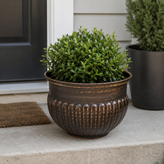 15 Inch - Bronze Ribbed Metal Bowl Planter