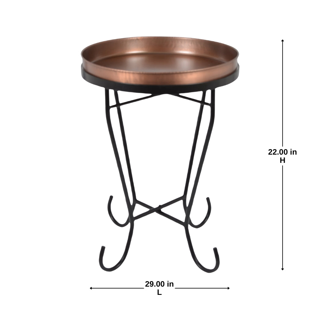 10 Inch - Antique Copper Round Tray With Black Metal Stand