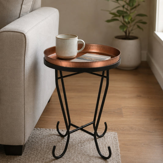 10 Inch - Antique Copper Round Tray With Black Metal Stand