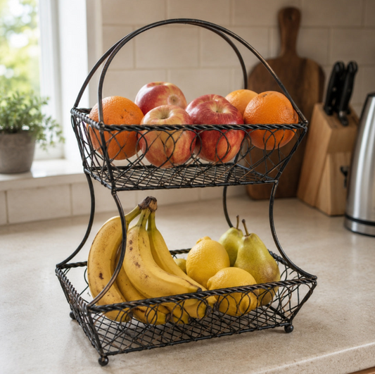 Combo - Iron Napkin Holder With Mdf Wooden Base + 2 Tier Fruit Basket