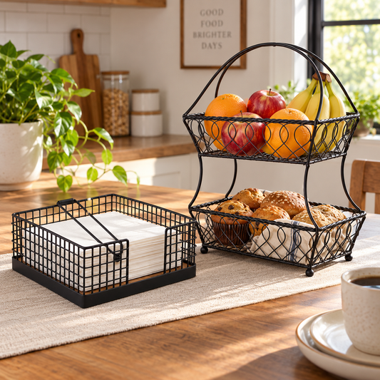 Combo - Iron Napkin Holder With Mdf Wooden Base + 2 Tier Fruit Basket