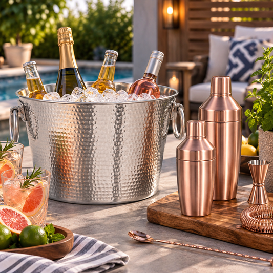 Combo - Cocktail Shaker + Double Wall Hammered Stainless Steel Beverage Tub - Capacity 12Oz