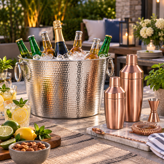 Combo - Cocktail Shaker + Double Wall Hammered Stainless Steel Beverage Tub - Capacity 12Oz